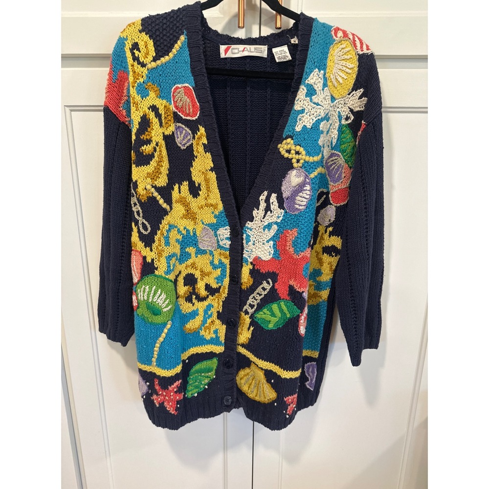 Vintage Chaus Nautical Sea Life Intarsia Knit Cardigan Sweater cottagecore M